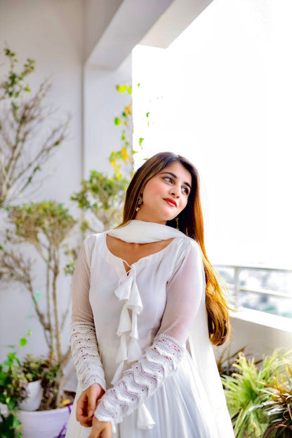 White Color Soft Georgette Full Stitched Gown with Dupatta For Girls