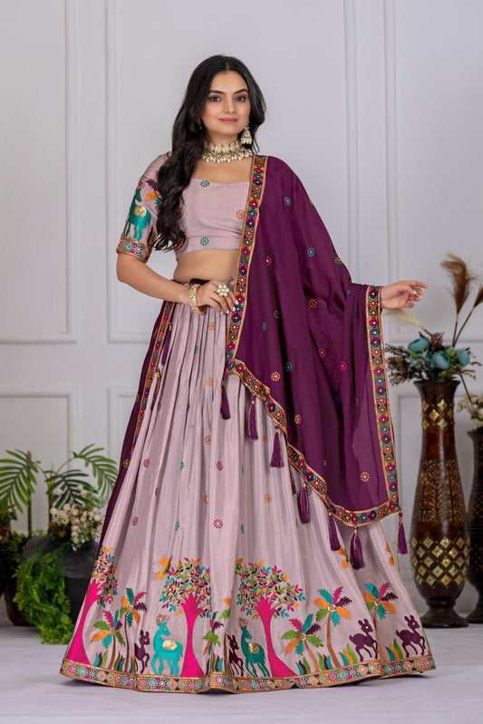 Heavy Chinon Silk Embroidary Worked Lehenga With Beautiful Lace Border Dupatta