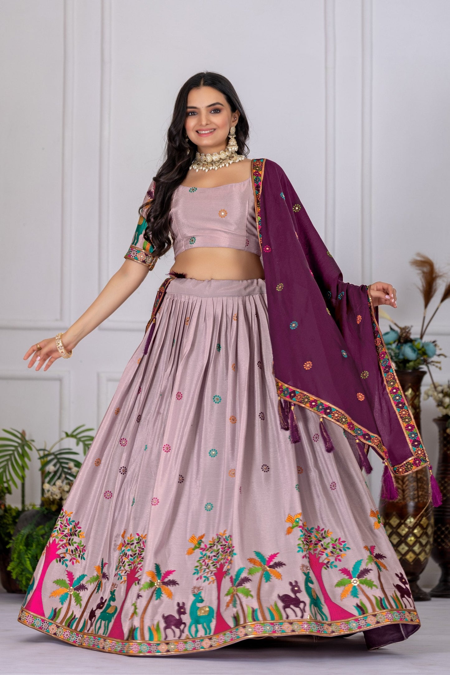 Heavy Chinon Silk Embroidary Worked Lehenga With Beautiful Lace Border Dupatta
