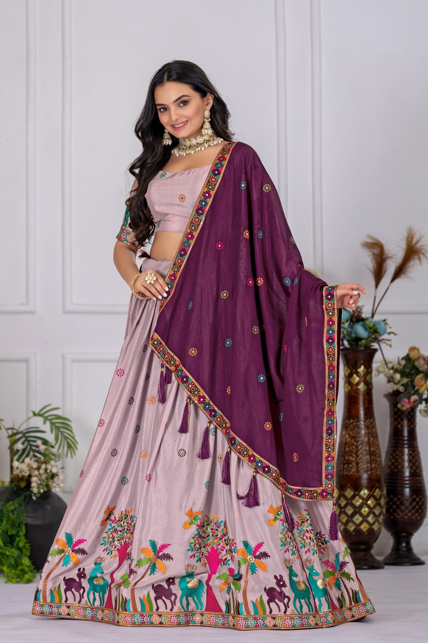 Heavy Chinon Silk Embroidary Worked Lehenga With Beautiful Lace Border Dupatta