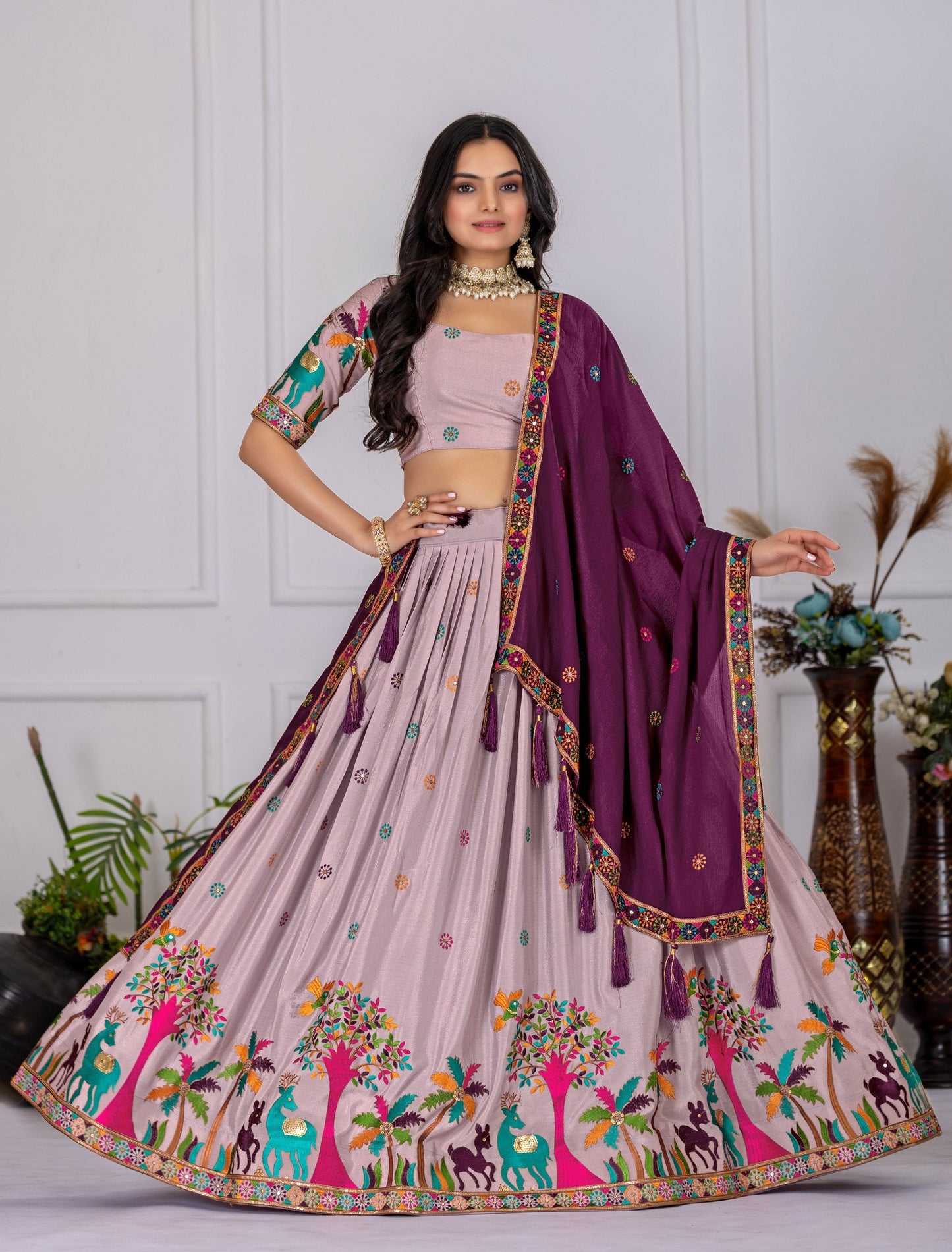 Heavy Chinon Silk Embroidary Worked Lehenga With Beautiful Lace Border Dupatta