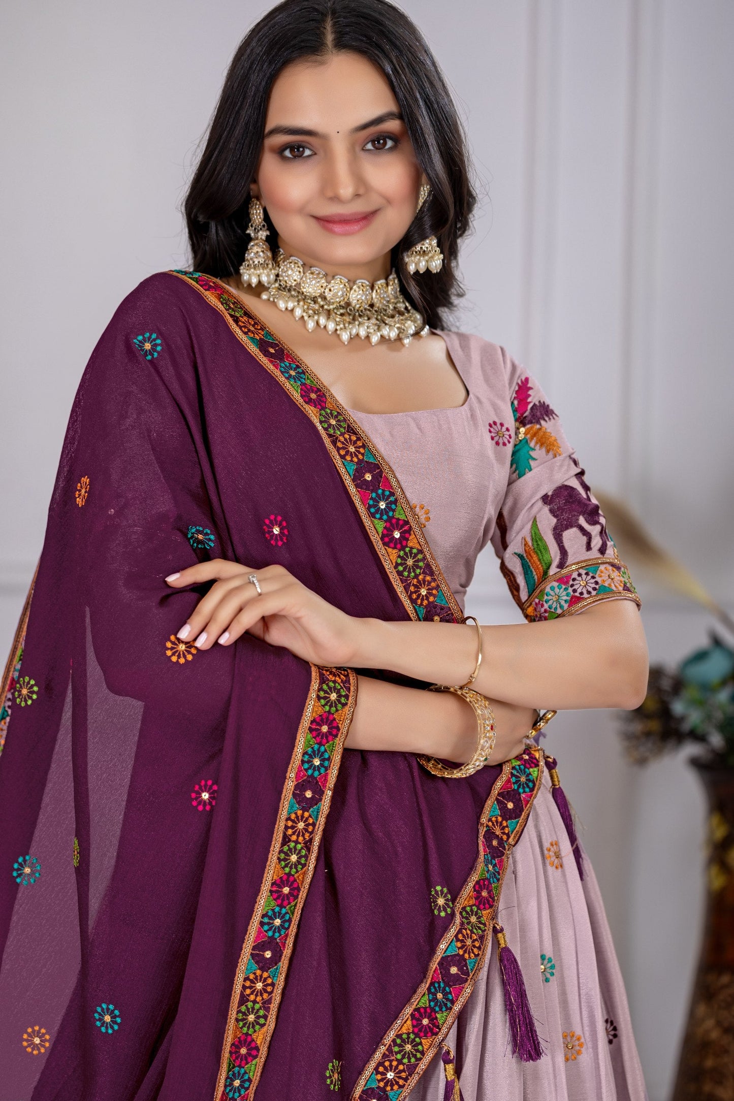 Heavy Chinon Silk Embroidary Worked Lehenga With Beautiful Lace Border Dupatta