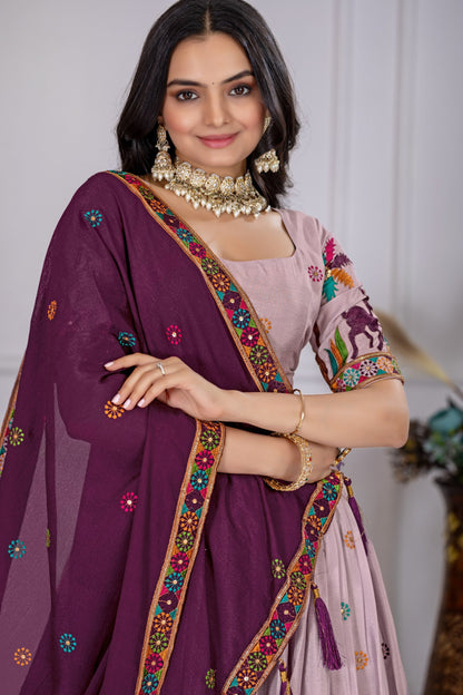 Heavy Chinon Silk Embroidary Worked Lehenga With Beautiful Lace Border Dupatta