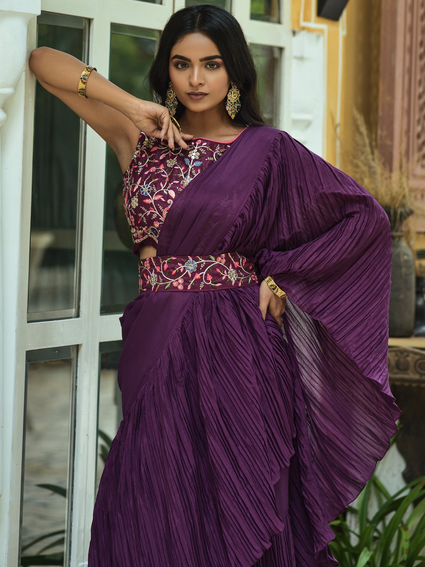 Beautiful Chinon Silk With Half Crush Pleated with Heavy Dual Sequence Work Saree