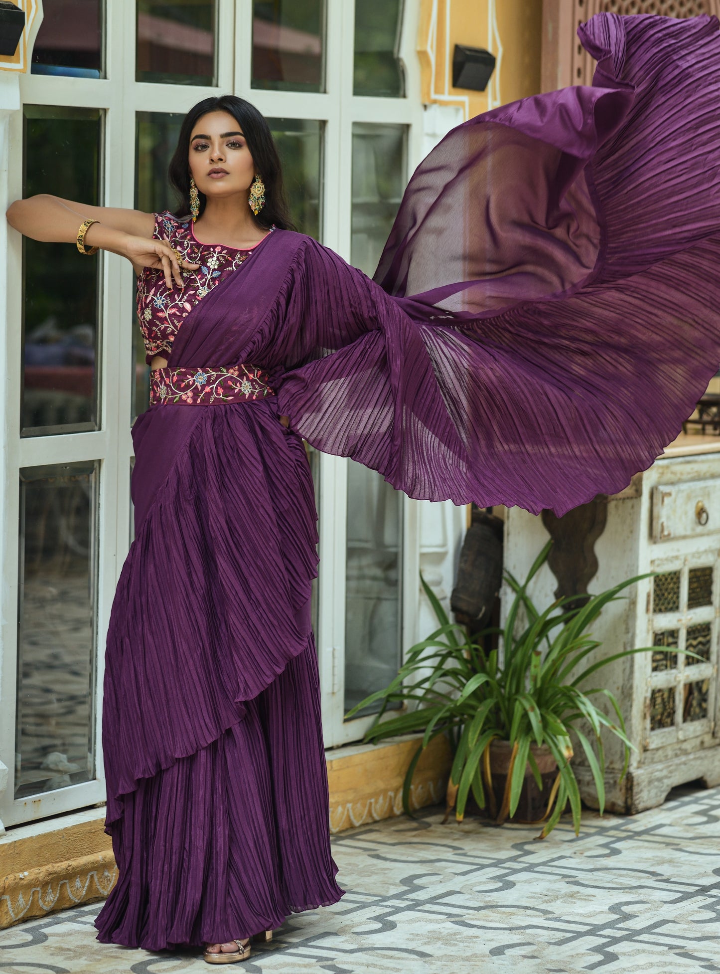 Beautiful Chinon Silk With Half Crush Pleated with Heavy Dual Sequence Work Saree