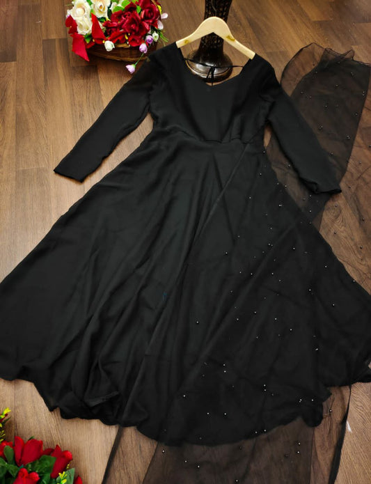 Plain Black Colour Full Stiched Gown With Net Moti Worked Duppta