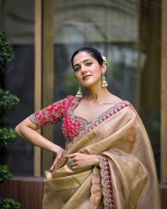 Gold Zoya Tissue Saree With Sequins and Cording Work Lace