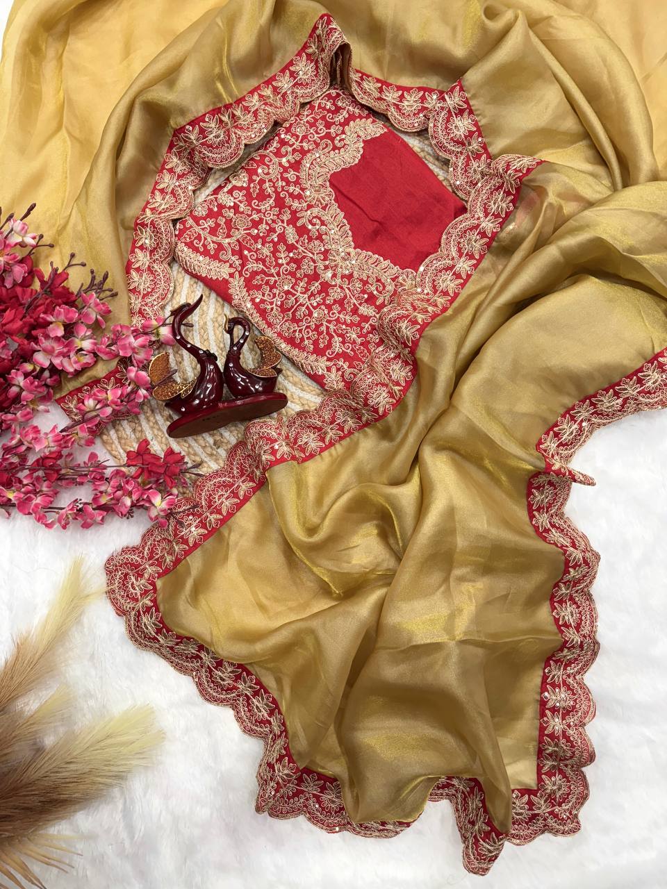 Gold Zoya Tissue Saree With Sequins and Cording Work Lace