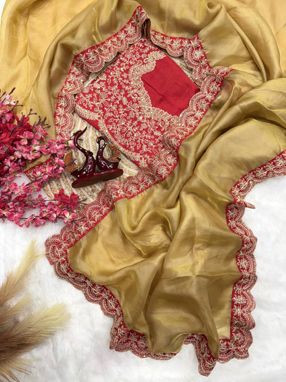 Gold Zoya Tissue Saree With Sequins and Cording Work Lace