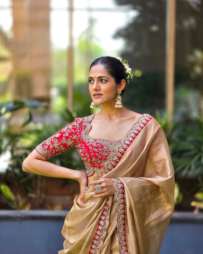 Gold Zoya Tissue Saree With Sequins and Cording Work Lace