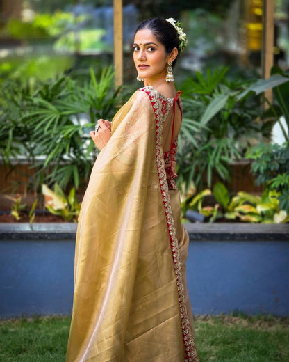 Gold Zoya Tissue Saree With Sequins and Cording Work Lace
