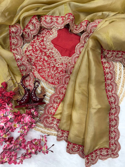 Gold Zoya Tissue Saree With Sequins and Cording Work Lace