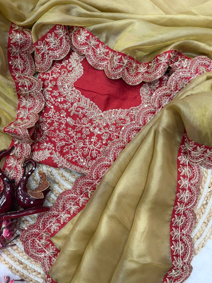 Gold Zoya Tissue Saree With Sequins and Cording Work Lace