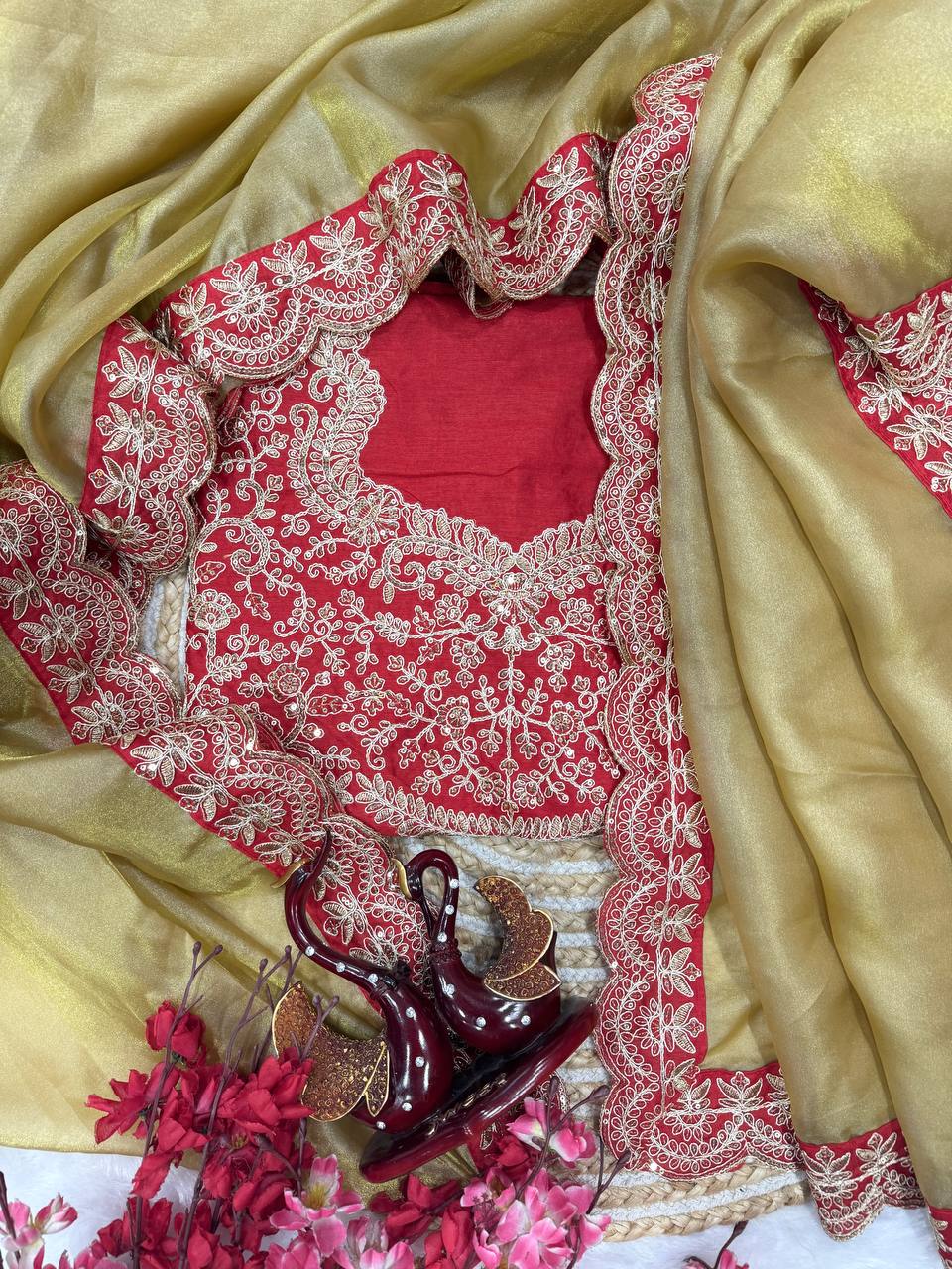 Gold Zoya Tissue Saree With Sequins and Cording Work Lace
