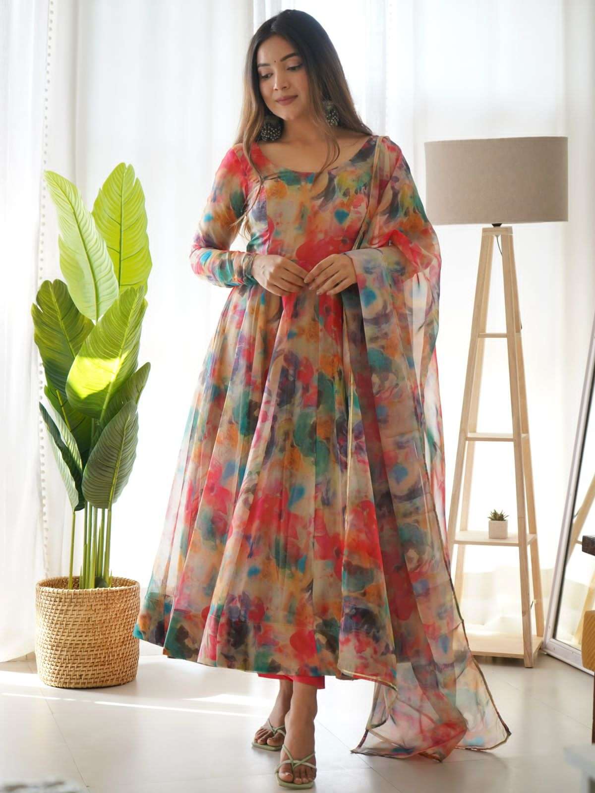 Readymade Beautiful Organza Silk Printed Gown with Pant Dupatta For Girls
