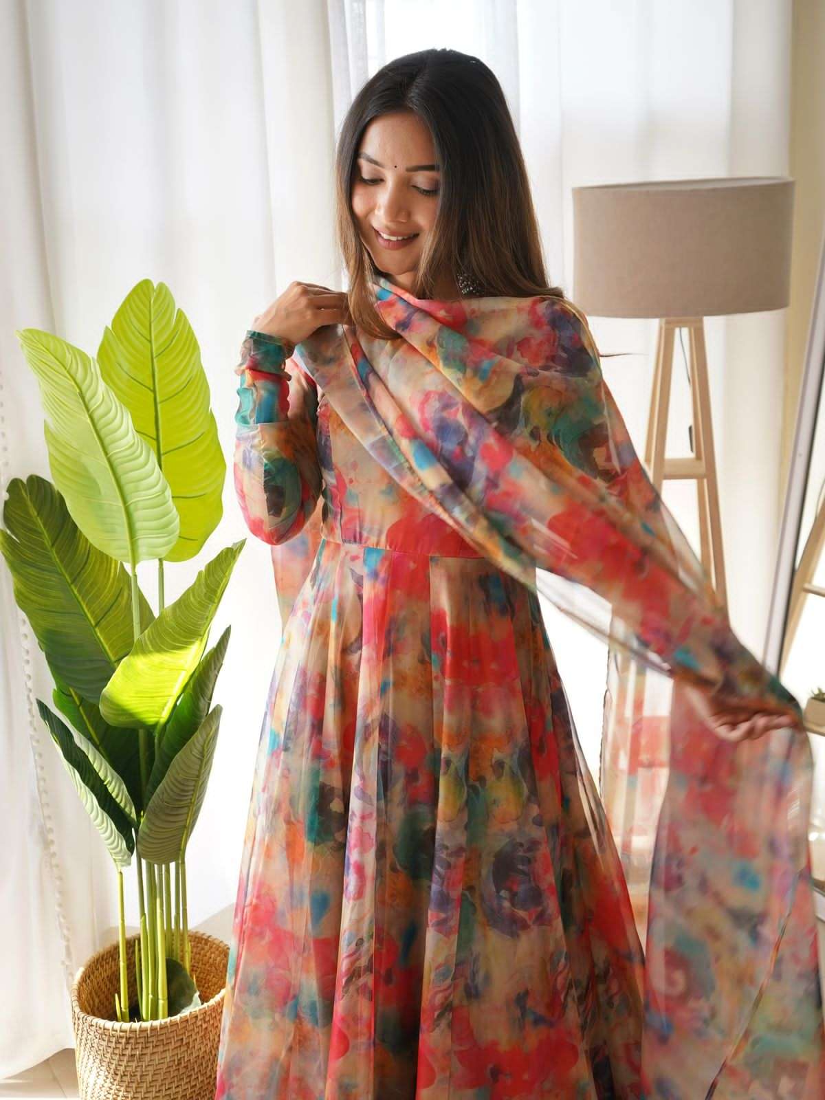 Readymade Beautiful Organza Silk Printed Gown with Pant Dupatta For Girls