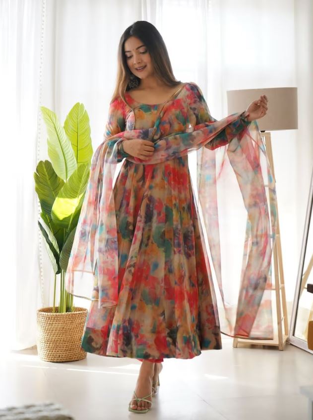 Readymade Beautiful Organza Silk Printed Gown with Pant Dupatta For Girls
