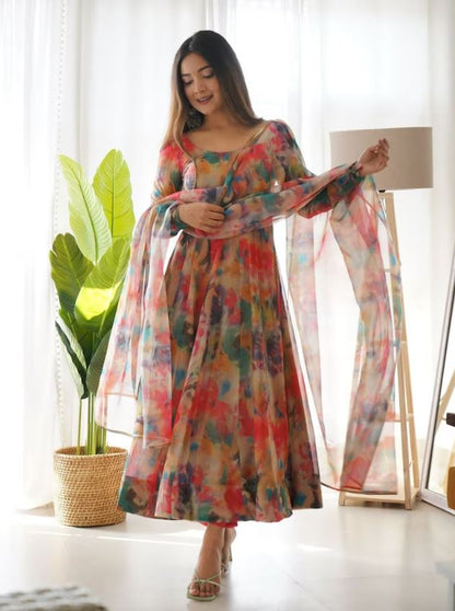 Readymade Beautiful Organza Silk Printed Gown with Pant Dupatta For Girls