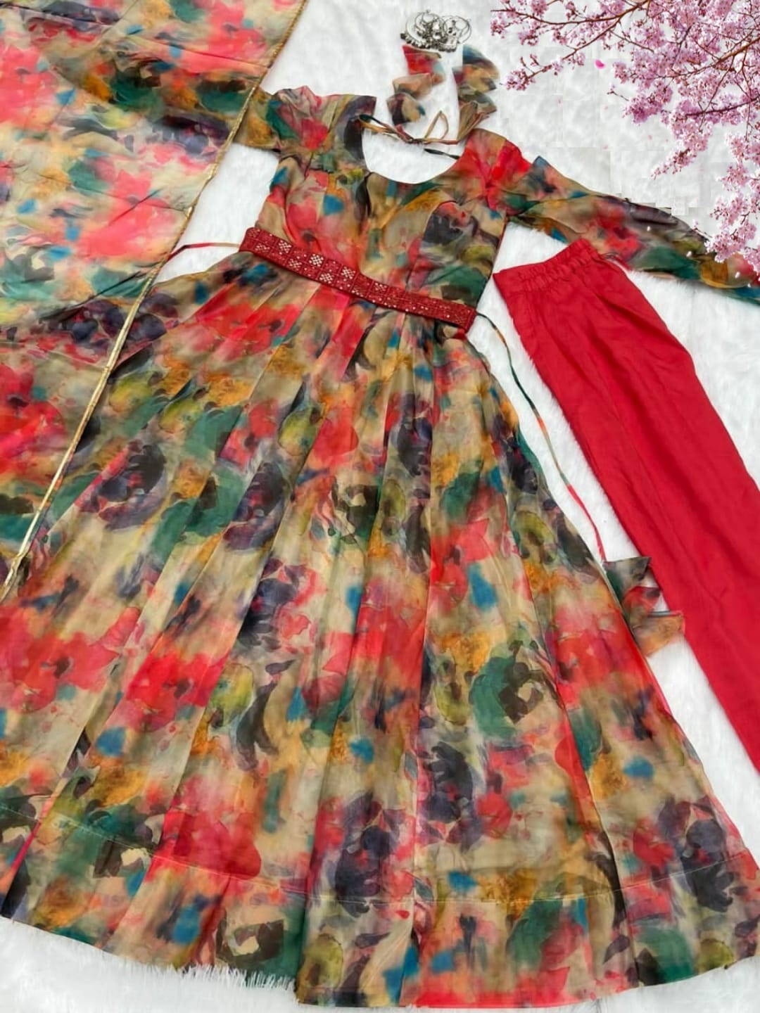 Readymade Beautiful Organza Silk Printed Gown with Pant Dupatta For Girls
