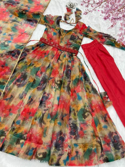 Readymade Beautiful Organza Silk Printed Gown with Pant Dupatta For Girls