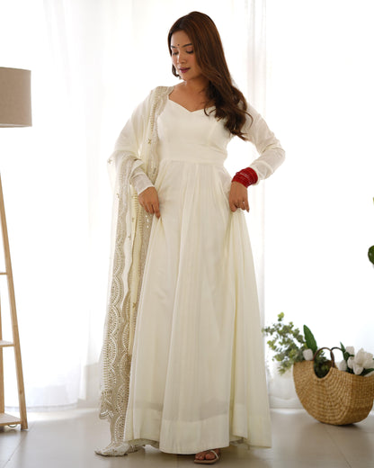Off White Chanderi Silk Stitched Anarkali Gown with Fancy Cut Work Dupatta