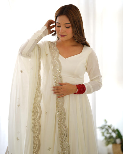 Off White Chanderi Silk Stitched Anarkali Gown with Fancy Cut Work Dupatta