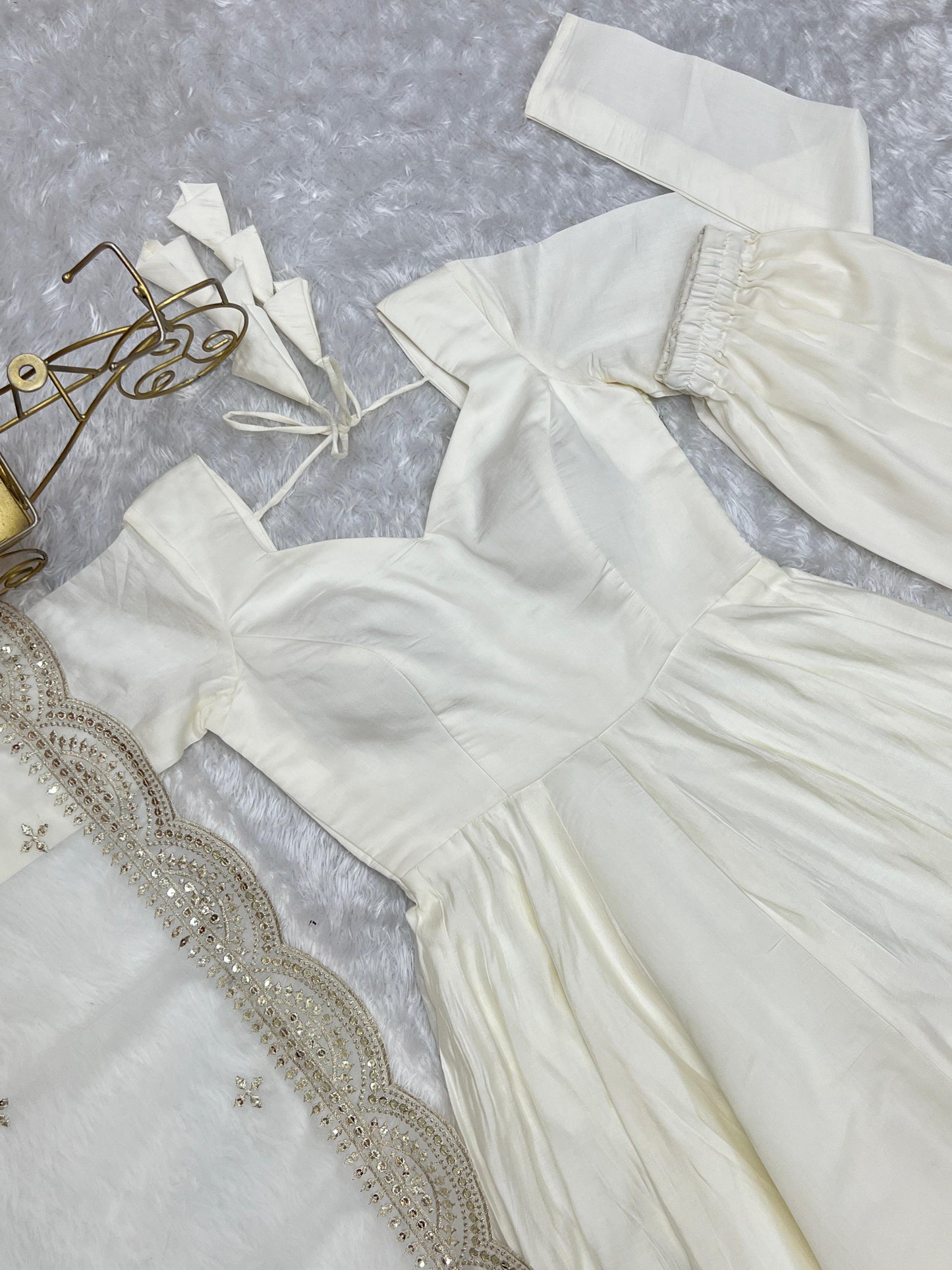 Off White Chanderi Silk Stitched Anarkali Gown with Fancy Cut Work Dupatta