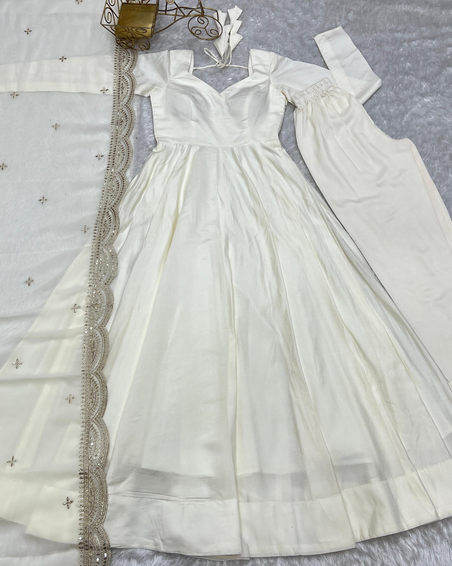 Off White Chanderi Silk Stitched Anarkali Gown with Fancy Cut Work Dupatta
