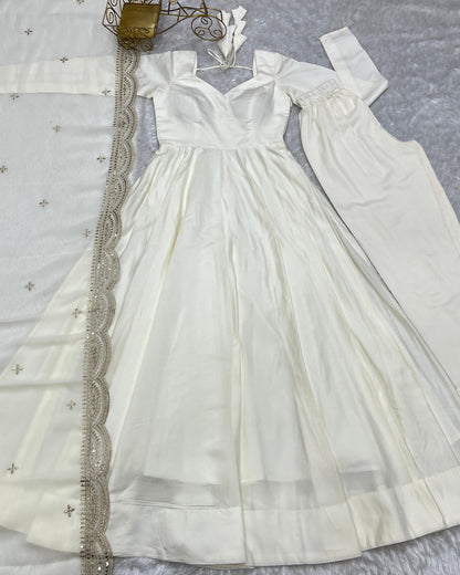 Off White Chanderi Silk Stitched Anarkali Gown with Fancy Cut Work Dupatta