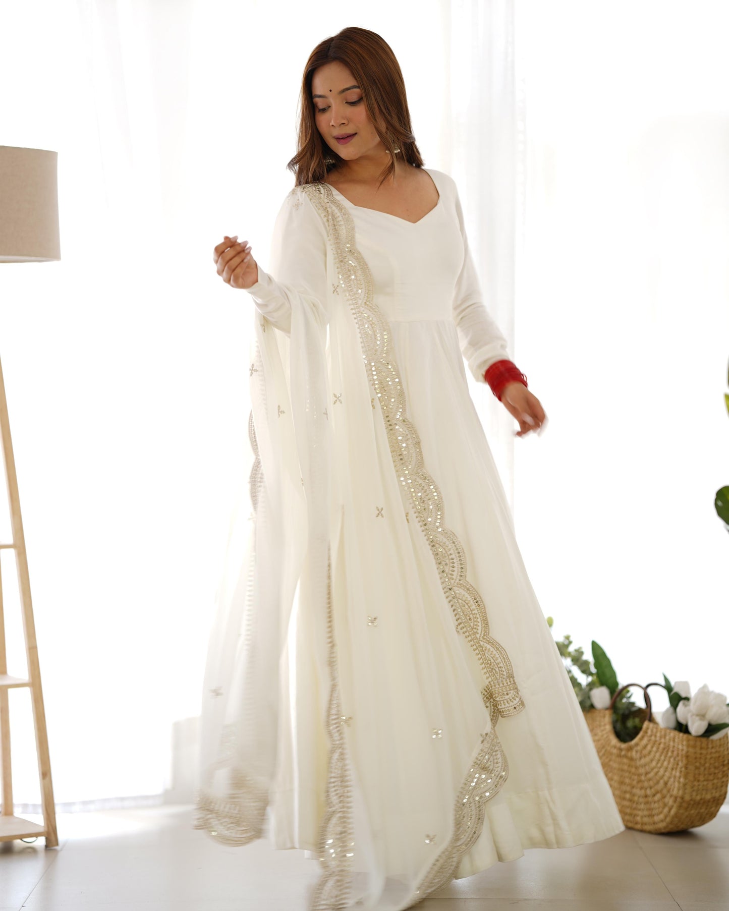 Off White Chanderi Silk Stitched Anarkali Gown with Fancy Cut Work Dupatta
