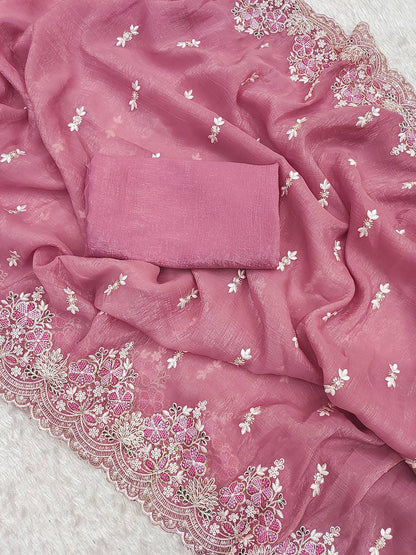 Wedding Wear Pink Color Silk Embroidered Saree Blouse For Women