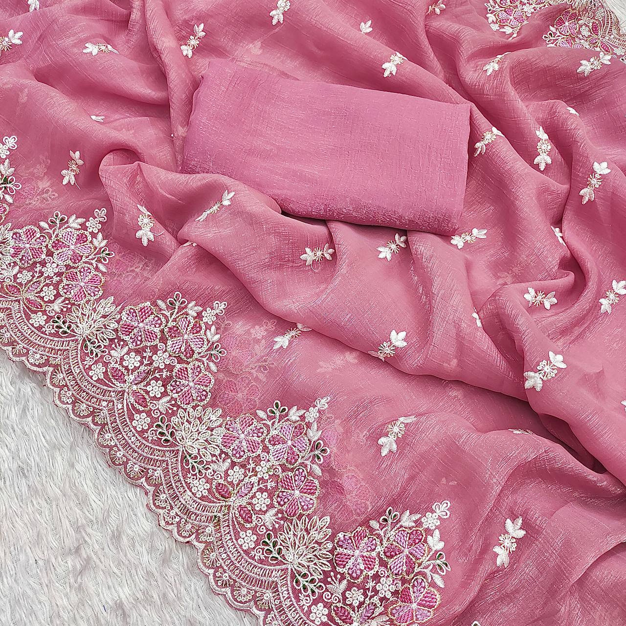 Wedding Wear Pink Color Silk Embroidered Saree Blouse For Women