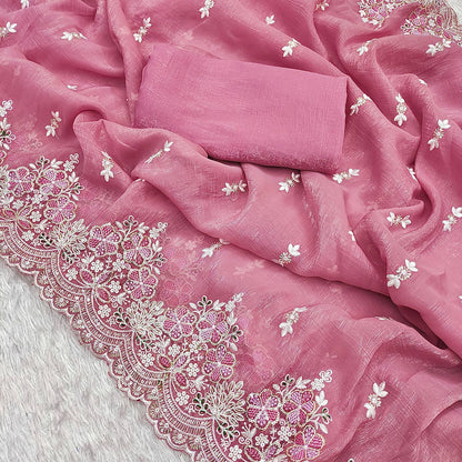 Wedding Wear Pink Color Silk Embroidered Saree Blouse For Women