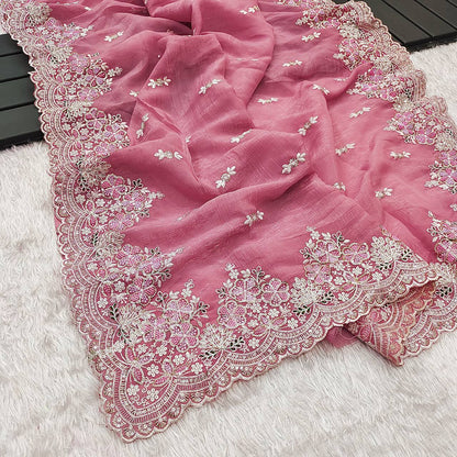 Wedding Wear Pink Color Silk Embroidered Saree Blouse For Women