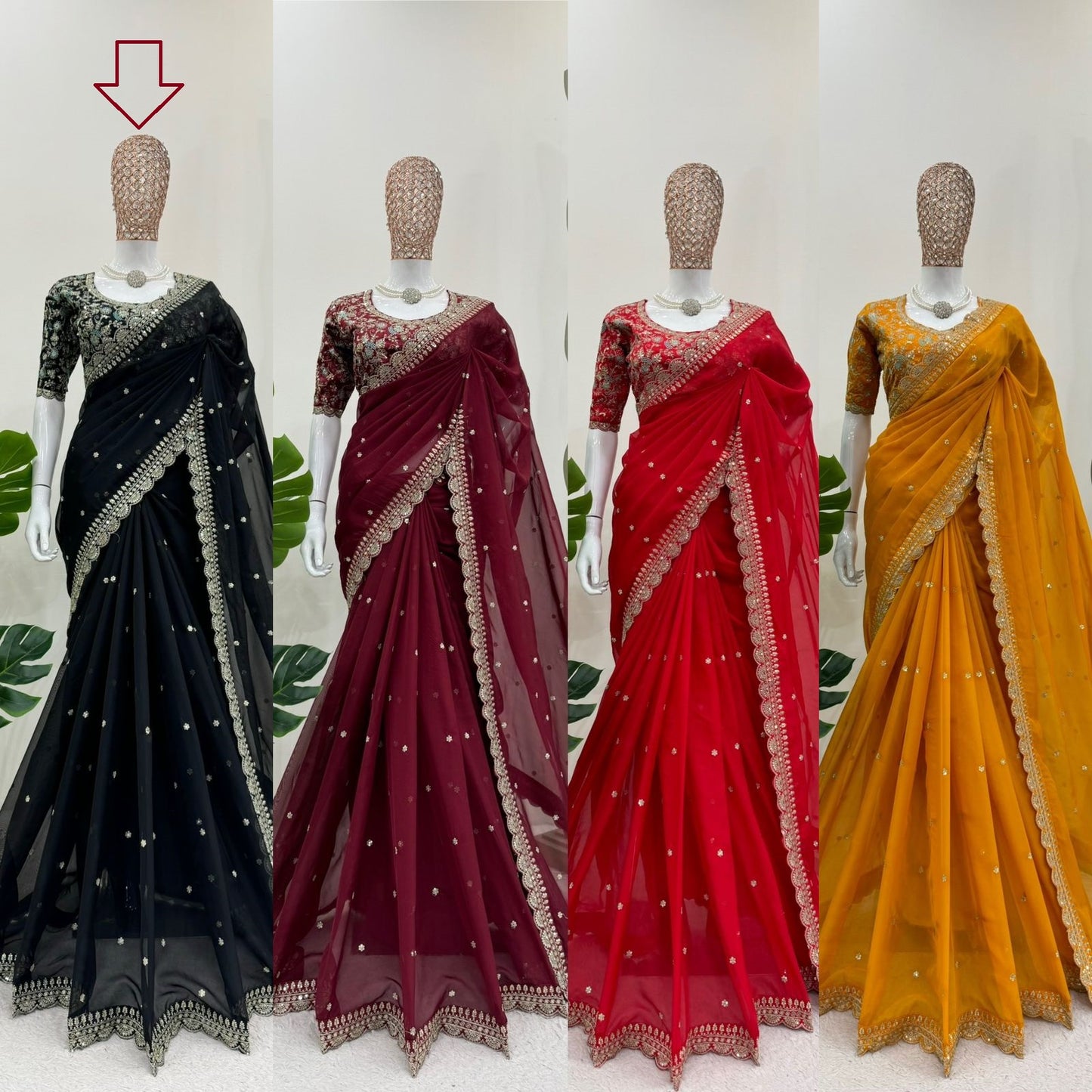 Designer Gajari Colour Tabby Silk Fabric Thread Work Saree