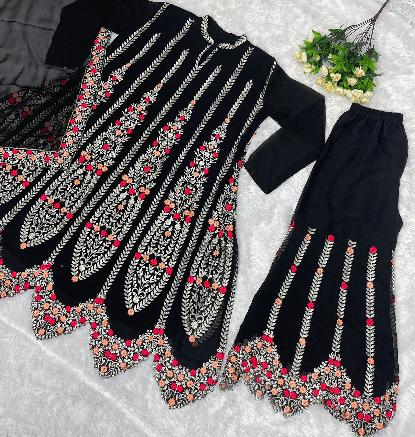 Black Color Georgette Embroidered Sharara Suit Ready to Wear For Women