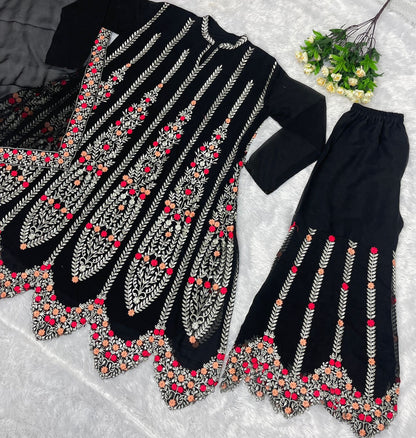 Black Color Georgette Embroidered Sharara Suit Ready to Wear For Women