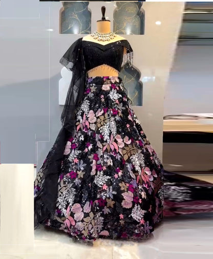 Floral Thread Sequence Work Black Lehenga Choli