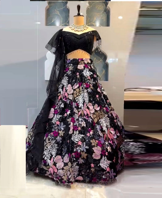 Floral Thread Sequence Work Black Lehenga Choli