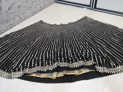 Black Georgette Pepar Mirror Worked Wedding Wear Lehenga Choli