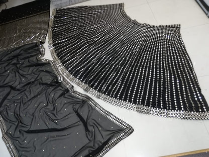 Black Georgette Pepar Mirror Worked Wedding Wear Lehenga Choli