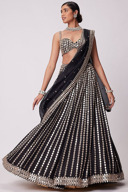 Black Georgette Pepar Mirror Worked Wedding Wear Lehenga Choli