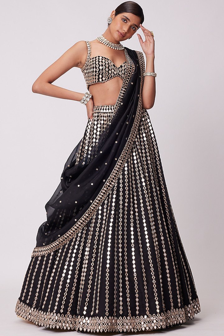 Black Georgette Pepar Mirror Worked Wedding Wear Lehenga Choli
