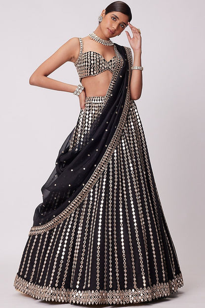 Black Georgette Pepar Mirror Worked Wedding Wear Lehenga Choli