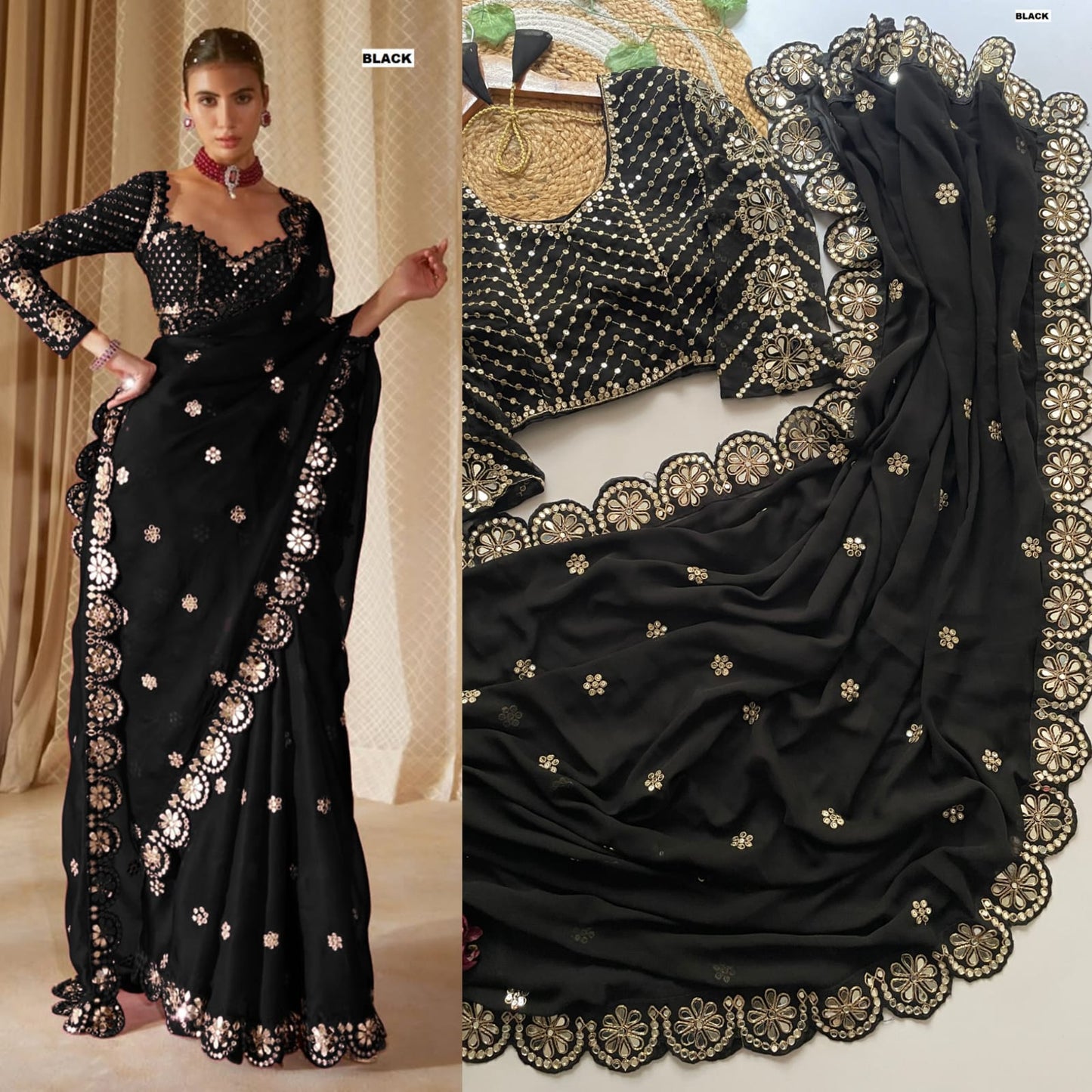 Stitched Blouse With Real Mirror Work Georgette Saree