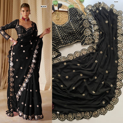 Stitched Blouse With Real Mirror Work Georgette Saree