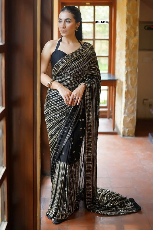Party Wear Gold Sequence Work Saree Blouse
