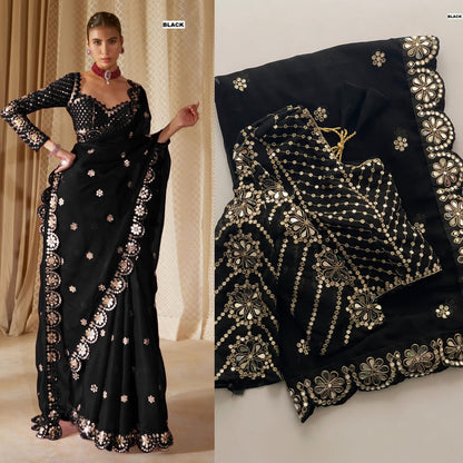 Stitched Blouse With Real Mirror Work Georgette Saree