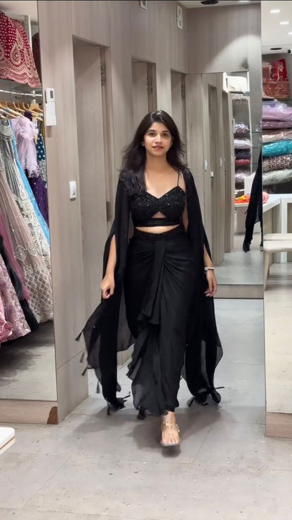 Black Color Satin Silk Dhoti Style Ready to Wear Western Suit With Shrug