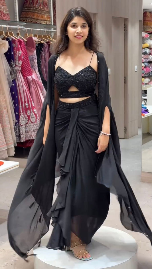 Black Color Satin Silk Dhoti Style Ready to Wear Western Suit With Shrug